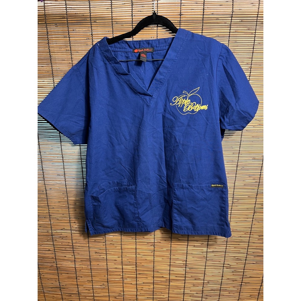 Apple Bottoms Scrub Top Navy Blue V-Neck Embroidered Logo Vintage Y2K Large
